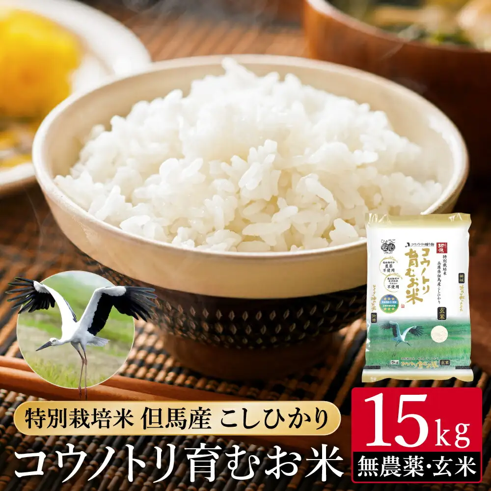 令和7年産 無農薬 玄米 15kg コウノトリ育むお米 但馬産 こしひかり 兵庫県産 (5kg×3袋) 無農薬 お米 15キロ 玄米 コウノトリ米 コシヒカリ 農薬不使用 特別栽培米 予約 コメ こめ ご飯 ライス 無農薬米
