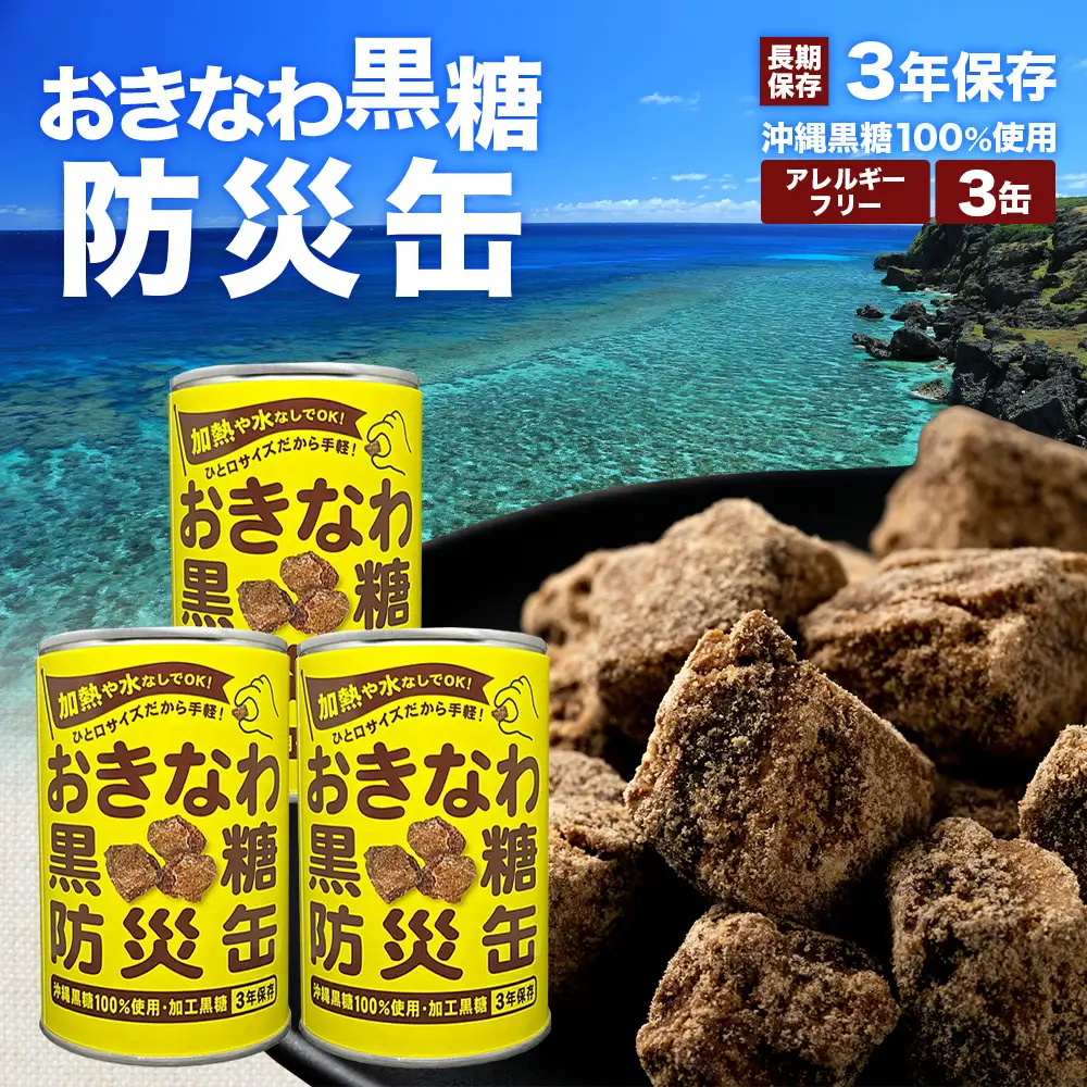 【沖縄黒糖100%】おきなわ防災黒糖缶 130g×3缶 3年保存 長期保存 非常食 備蓄食料 災害 防災 緊急時 完全無添加 ミネラル補給 | 沖縄 与那国 黒砂糖 純黒糖 OV-2