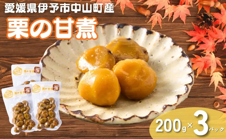 中山町産栗 栗の甘煮 3パックセット 200gx3   着色料不使用  無添加 ゆうパケット 少量パック  手作り  デザート おやつ  きんとん  お正月 国産 伊予市 愛媛｜B516
