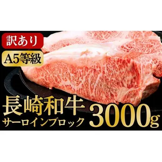 [訳あり限定]長崎和牛A5ランクサーロインブロック 計3kg(約1kg×3)