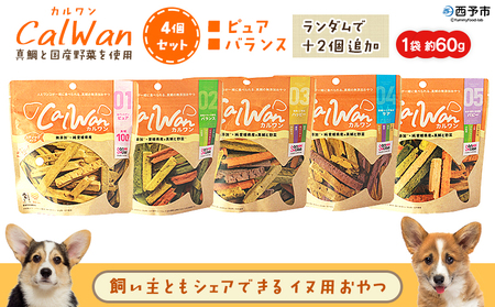 ＜CalWan（カルワン）4個セット＞ 国産 詰合わせ 1袋約60g 犬 ペット おやつセット 愛媛県産 SDGs ヒューマングレード トリーツ 養殖真鯛 フードロス (株)SakuSaku 愛媛県 西予市【常温】『1か月以内に順次出荷予定』USA0020