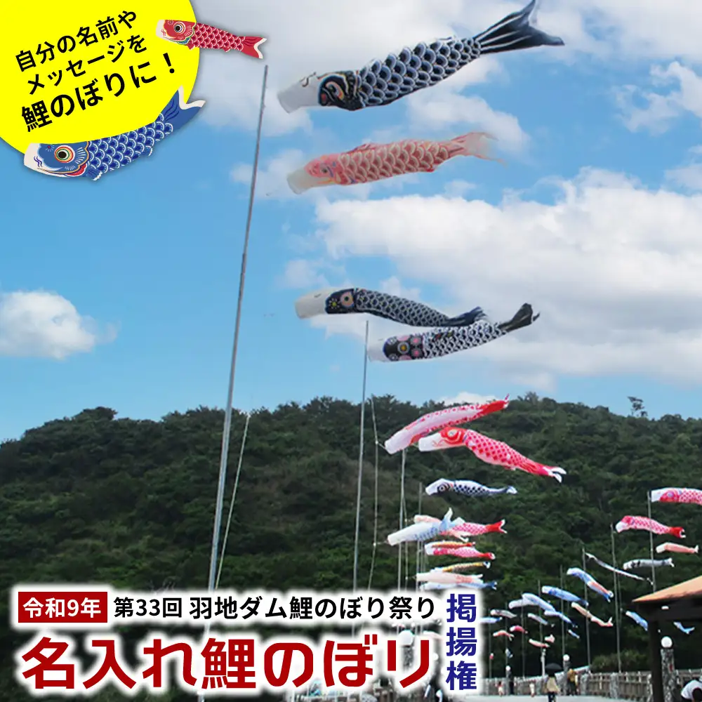 令和9年　第33回「羽地ダム鯉のぼり祭り」名入れ鯉のぼり掲揚権 こいのぼり こどもの日 お祝い 羽地ダム 鯉のぼり 祭り イベント 家族 ファミリー 記念 思い出 沖縄県 名護市 おすすめ オススメ