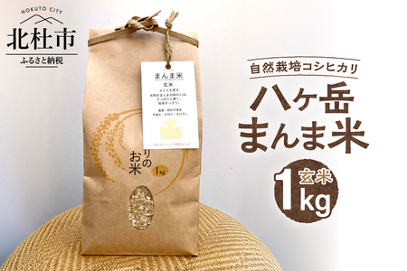 【令和7年度米】八ヶ岳　まんま米　玄米1kg（手植え・手刈り・天日干しの自然栽培コシヒカリ） [h359]