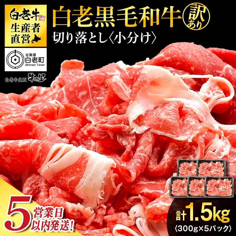 【5営業日以内発送】【訳あり】白老産 黒毛和牛 切り落とし 300g×5パック