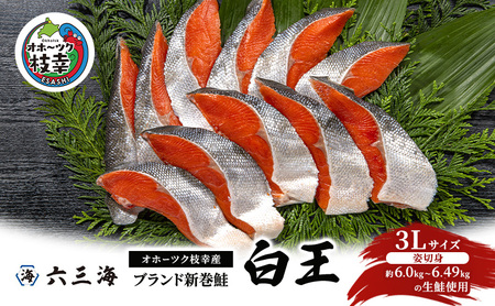 12月発送開始/先行予約 オホーツク枝幸産 ブランド新巻鮭「白王」3Lサイズ（姿切身 約6.0kg～6.49kgの生鮭使用）職人手切り加工［六三海］【 鮭 サケ 切身 新巻 塩漬け おかず お弁当 北海道 オホーツク 枝幸 】