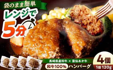 【レンジ調理】和牛100％ハンバーグ4個 長崎県産和牛と希少あか牛（A4またはA5ランク） 長与町/炭火焼肉あおい[EBW076] ハンバーグ 電子レンジ 