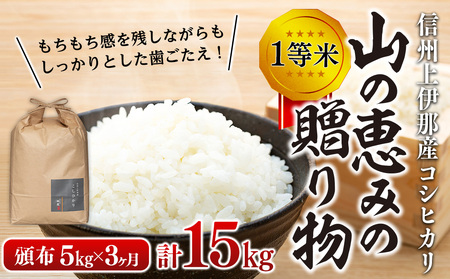 【令和8年産】３ヶ月連続お届け 定期便 信州産 コシヒカリ 1等米 「山の恵みの贈り物」 5kg 計15kg （ お米 コシヒカリ 白米 搗きたて米 低温貯蔵米 食品 ) 長野県　箕輪町 