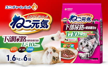 ねこ元気 下部尿路の健康維持用 1歳～10歳頃まで まぐろ・かつお・白身魚入り 1.6kg×6袋 ペットフード キャットフード 猫のごはん 猫用フード 猫 ペット ドライ ユニ・チャーム ペット