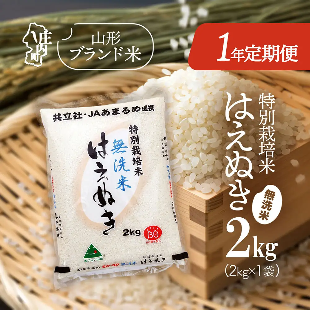 【1年定期便】庄内米 特別栽培米 はえぬき 無洗米 2kg 毎月 2kg×1袋 令和7年産 / 令和8年産 ブランド米 米 山形 庄内平野 コシヒカリの原点、亀の尾発祥の地 庄内 お米の定期便【8月中旬発送/入金期限：2026年7月25日】