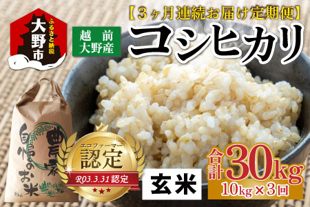 【先行予約】【令和8年産 新米】【3ヶ月定期便】越前大野産 エコファーマー認定農家栽培 こしひかり 玄米 10kg × 3回 計30kg【2026年10月より順次お届け】[E-001004_02]