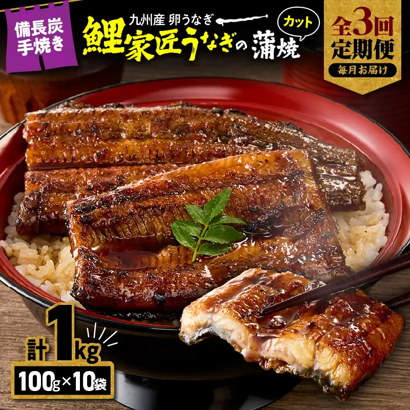 【 全3回 定期便 】九州産 卵うなぎ 備長炭手焼 うなぎ カット 蒲焼 パック 計1kg（10袋） KN029-T03-01 鰻 魚 冷凍