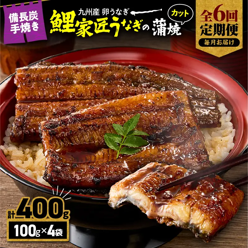 【 全6回 定期便 】九州産 卵うなぎ 備長炭手焼 うなぎ カット 蒲焼 パック 計400g（4袋） KN029-T04-02 鰻 魚 冷凍