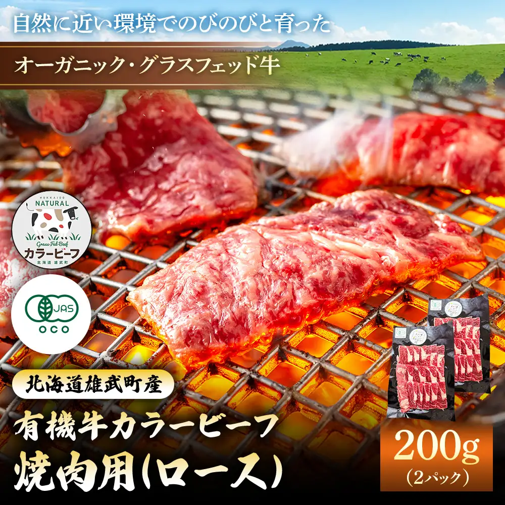 【雄武町】雄武産有機牛カラービーフ 焼肉用（ロース）200g×2P【01128】