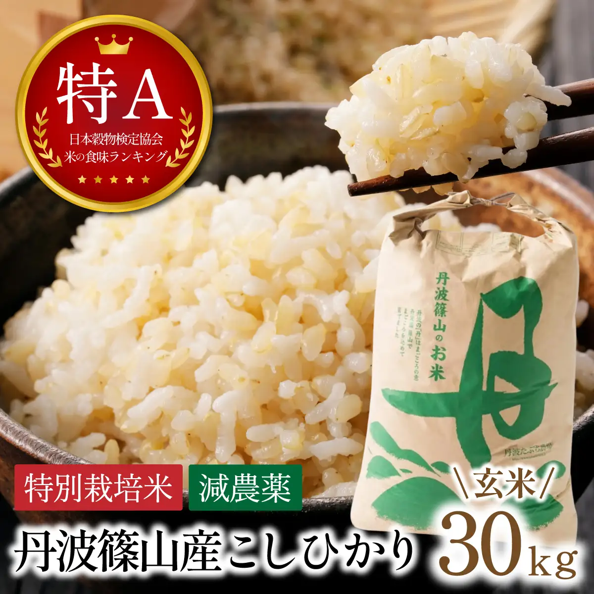 寄付額改定〈スピード出荷〉減農薬 特A 玄米 30kg 丹波篠山産 特別栽培米 こしひかり