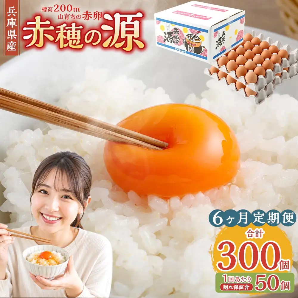 【6ヶ月定期便】 赤穂の源 50個 （40個+割れ保証10個）（25×2パック）6回 定期便 計300個 割れ保障 鶏卵 卵 たまご 卵かけご飯 卵焼き 朝ごはん ご飯 ご褒美 冷蔵 兵庫県 赤穂市