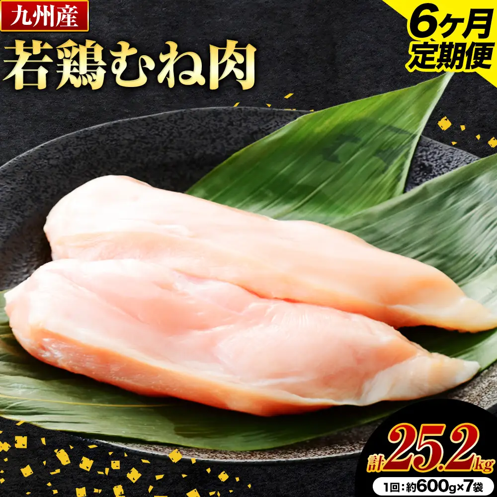 【6ヶ月定期便】 九州産若鶏ムネ肉 600g×7袋×6回 計25.2kg 鶏肉 お肉 ムネ肉 むね肉 小分け 冷凍 九州産 国産 熊本県 菊池市 送料無料《お申込み翌月から出荷》