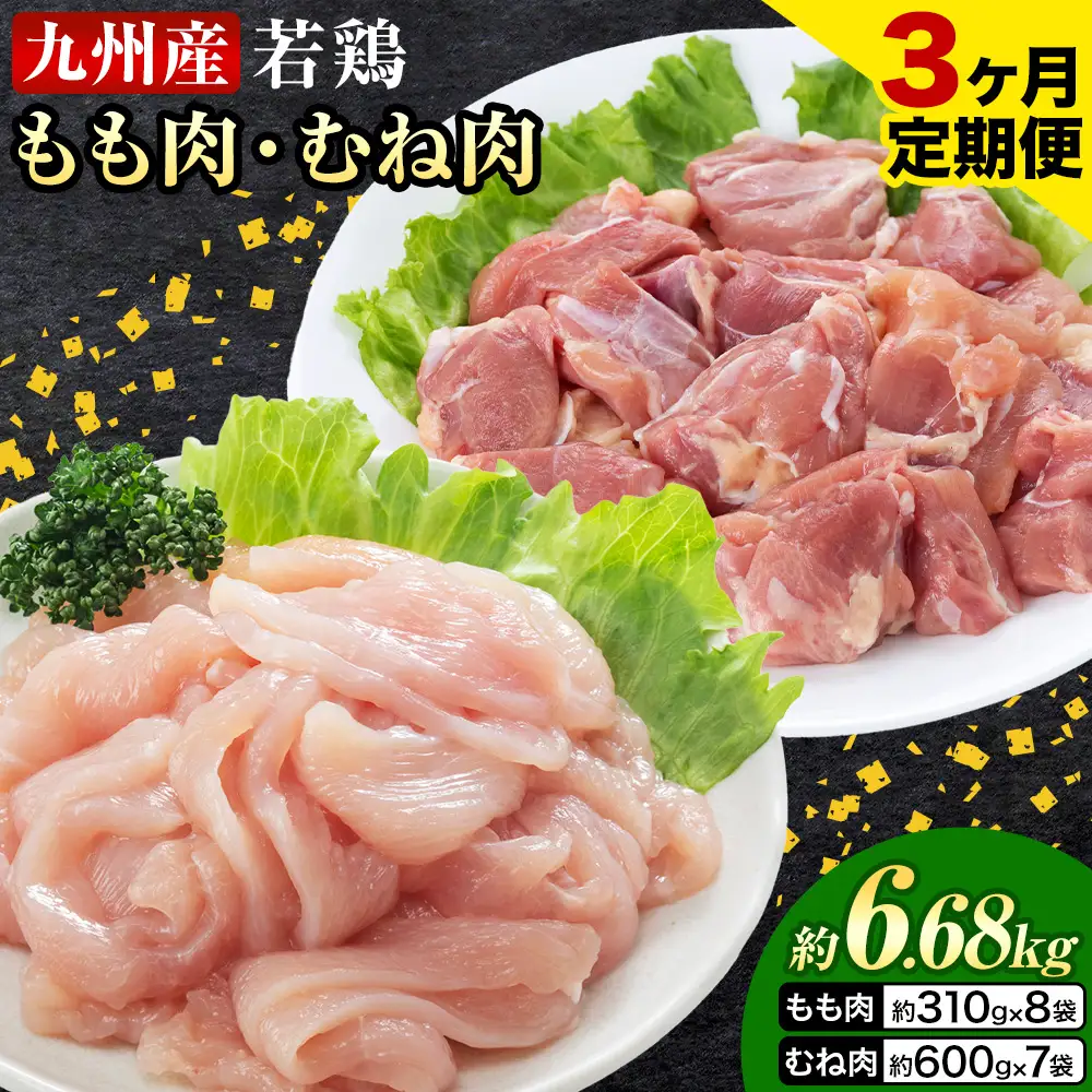 【3ヶ月定期便】 九州産若鶏もも肉（310g×8袋）・むね肉（600g×7袋）セット  鶏肉 お肉 モモ肉 もも肉 ムネ肉 むね肉 2種類 小分け 冷凍 九州産 国産 熊本県 菊池市 送料無料《お申込み翌月から出荷》