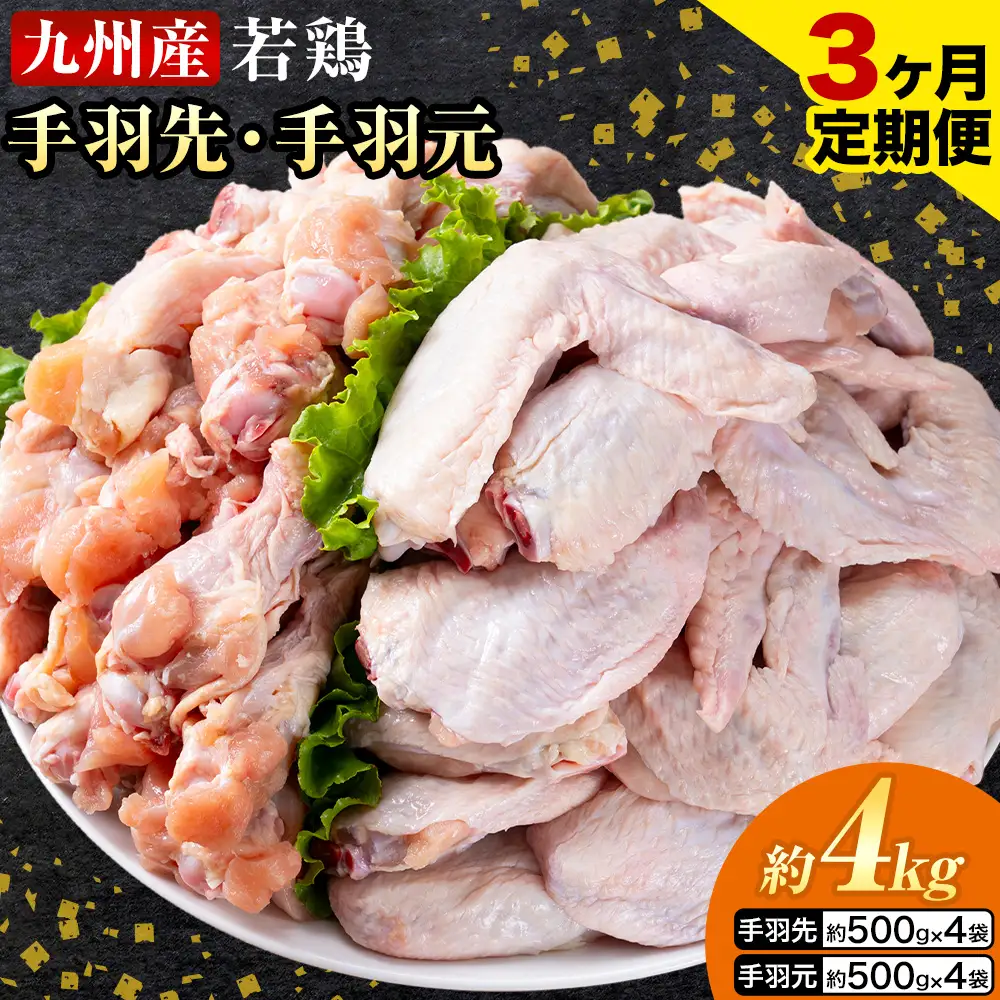 【3ヶ月定期便】 九州産 手羽先（500g×4袋）・手羽元（500g×4袋）セット 計4kg 鶏肉 肉 鶏 手羽 唐揚げ 詰め合わせ セット 冷凍 九州 国産 熊本県 菊池市 送料無料《お申込み翌月から出荷》