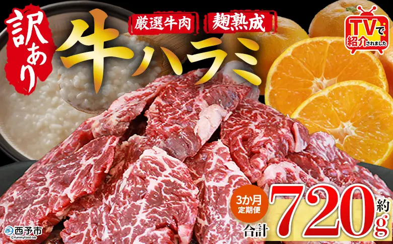 TVで紹介！＜秘伝の特製タレ仕込み！やわらか味付き 牛ハラミ 約720g（360g×2） 3か月定期便＞ テレビ TV 訳あり はらみ ハラミ 赤身 大容量 牛肉 お肉 焼肉 BBQ 味付き タレ漬け 甘辛 レシピ 丼 献立 惣菜 おかず 簡単 グルメ 株式会社丸和 愛媛県 西予市【冷凍】『入金確認後、お申込み月の翌月より配送を開始します』 MMW0033