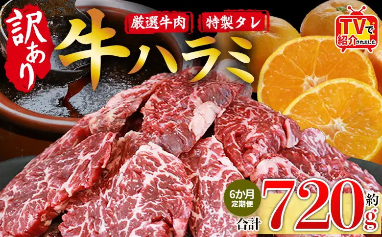 TVで紹介！＜秘伝の特製タレ仕込み！やわらか味付き 牛ハラミ 約720g（360g×2） 6か月定期便＞ テレビ TV 訳あり はらみ ハラミ 赤身 大容量 牛肉 お肉 焼肉 BBQ 味付き タレ漬け 甘辛 レシピ 丼 献立 惣菜 おかず 簡単 グルメ 株式会社丸和 愛媛県 西予市【冷凍】『入金確認後、お申込み月の翌月より配送を開始します』 MMW0034