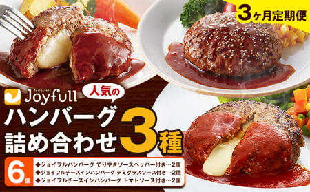 【3ヶ月定期便】ジョイフルハンバーグ 人気の詰め合わせ 6個 生ハンバーグ チーズインハンバーグ 1個120g ソース付き 食べ比べ 3種類 セット 牛肉 ジョイフル 焼くだけ ハンバーグ 惣菜 おかず 冷凍 送料無料《お申込みの翌月出荷予定》