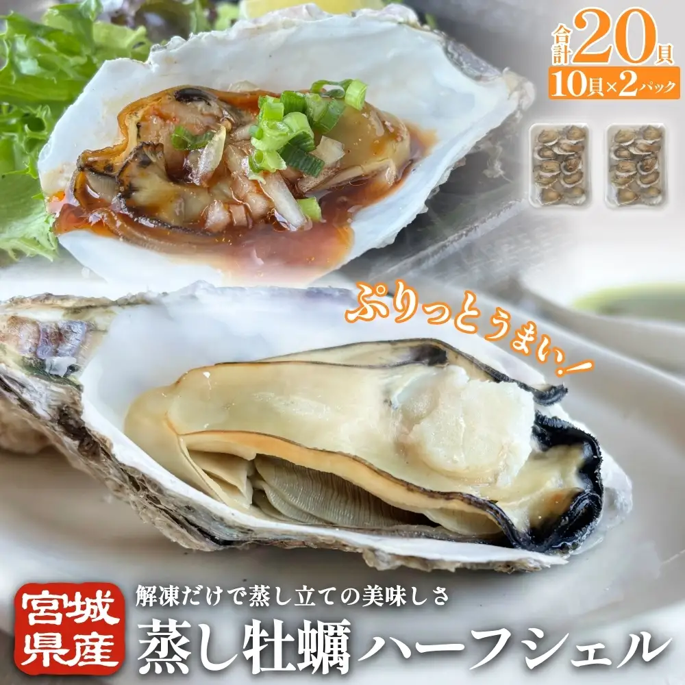 宮城県産 蒸し牡蠣 ハーフシェル 10貝 2P セット （ 計20貝 ）  牡蠣 かき カキ 貝 加熱調理済 海鮮 魚介 魚介類 冷凍 宮城県 宮城 石巻市 石巻