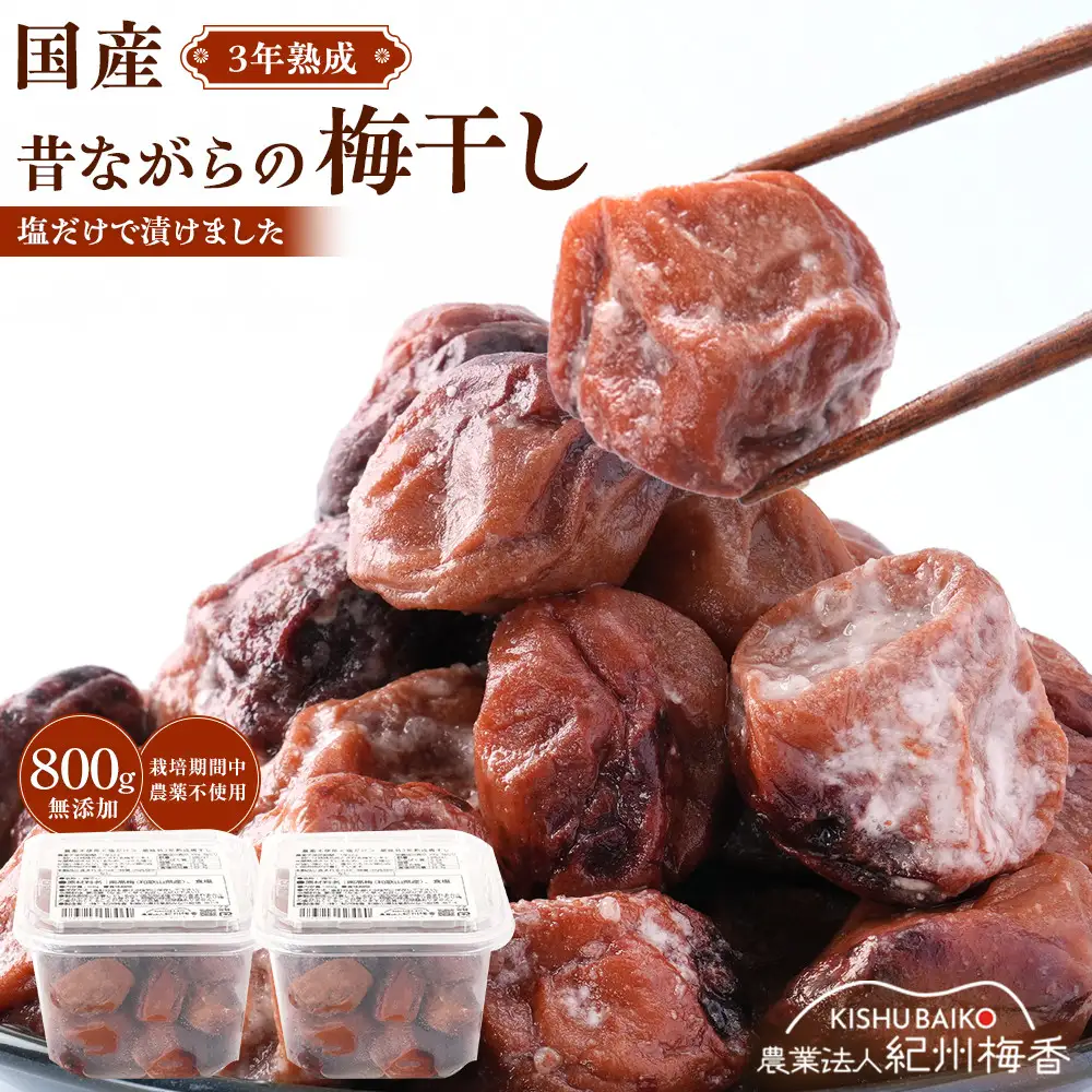 規格外品 無添加 栽培期間中農薬不使用 昔ながらの梅干し 紀州南高梅 塩のみで漬けたすっぱい梅干し 800g（400gパック×2個）塩分約23% 3年熟成品 N20-K ［KU8］