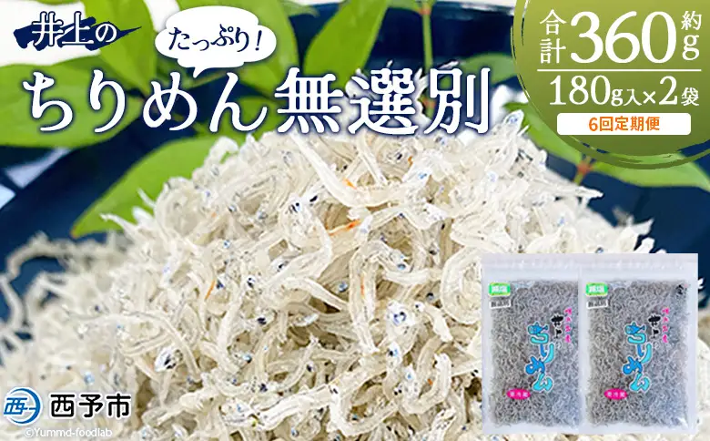 ＜井上のちりめん 無選別 合計約360g（180g入り×2袋）6回定期便＞ちりめんじゃこ タコ エビ イカ 稚魚 バラバラ かたくちいわし 小魚 小分け カルシウム 乾物 ジッパー付 たっぷり 便利 海鮮 井上水産 特産品 愛媛県 西予市【冷蔵】『お申込み月の翌月より配送』AIU0007