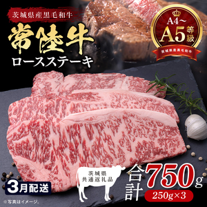 【茨城県共通返礼品】【2027年3月発送予定】最高級A4.A5ランク 常陸牛ロースステーキ750ｇ（250g×3）【人気肉 お肉 牛肉 和牛 黒毛和牛 国産黒毛和牛 ロース肉 ステーキ 国産牛 焼肉 焼き肉 バーベキュー BBQ A5 ブランド牛】(CR102-3)