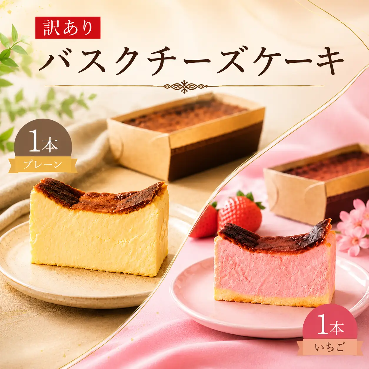 バスクチーズケーキ 訳あり プレーン ストロベリー味 2本 バスク