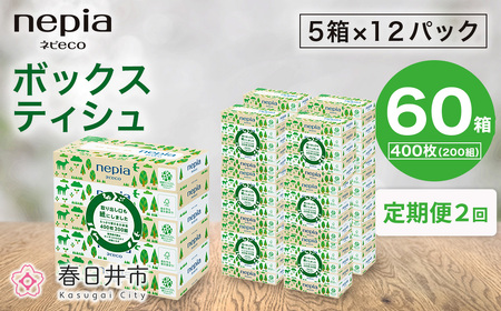 【定期便】2回発送 選べる発送間隔 ネピア ネピecoティシュ200組　5箱×12パック | 日用品 消耗品 必需品 ティッシュ ボックスティッシュ 箱ティッシュ ストック 花粉症 花粉 防災 備蓄 まとめ買い 全国 発送 eco サステナブル 一人暮らし nepia ネピア