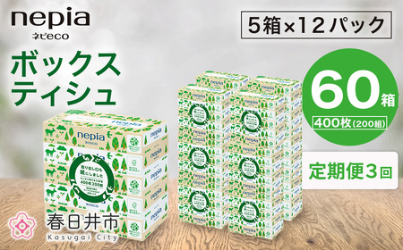 【定期便】3回発送 選べる発送間隔 ネピア ネピecoティシュ200組　5箱×12パック | 日用品 消耗品 必需品 ティッシュ ボックスティッシュ 箱ティッシュ ストック 花粉症 花粉 防災 備蓄 まとめ買い 全国 発送 eco サステナブル 一人暮らし nepia ネピア