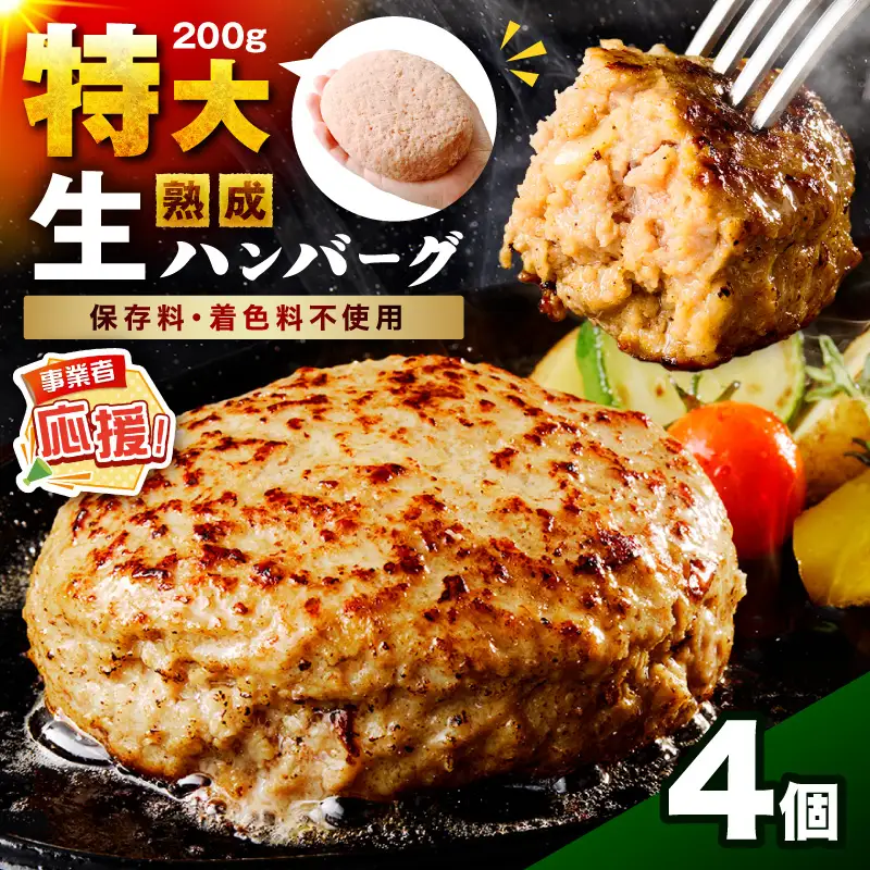 【無添加】食べ応え抜群！ 生ハンバーグ 200g 4個【ふるさと納税3.0】【087D-090】