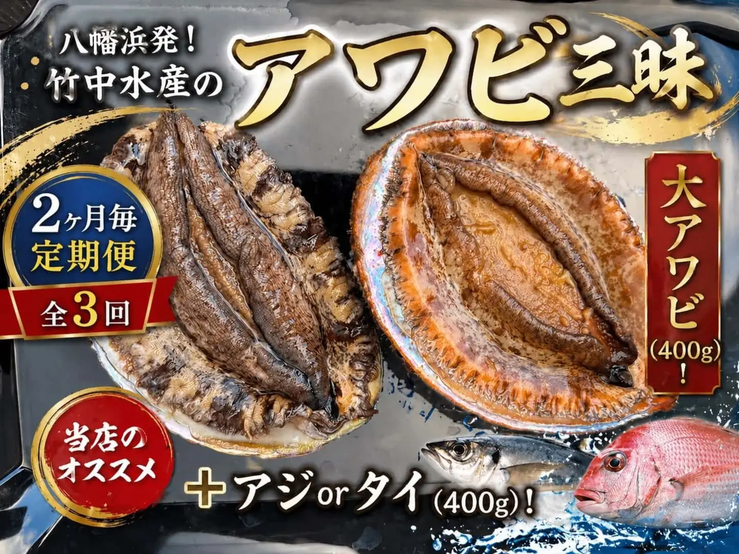 【2ヵ月毎定期便】竹中水産の大アワビ(400g)+アジ又は小鯛付き400g【H22-288】全3回【配送不可地域：離島・北海道・沖縄県】【4076449】 YWTM106