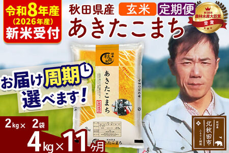 ※R8産 新米予約※ 《定期便11ヶ月》秋田県産 あきたこまち 4kg【玄米】(2kg小分け袋)2026年産 令和8年産 お届け周期調整可能 隔月に調整OK お米 みそらファーム