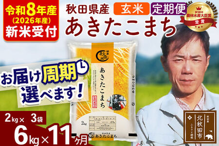※R8産 新米予約※ 《定期便11ヶ月》秋田県産 あきたこまち 6kg【玄米】(2kg小分け袋)2026年産 令和8年産 お届け周期調整可能 隔月に調整OK お米 みそらファーム