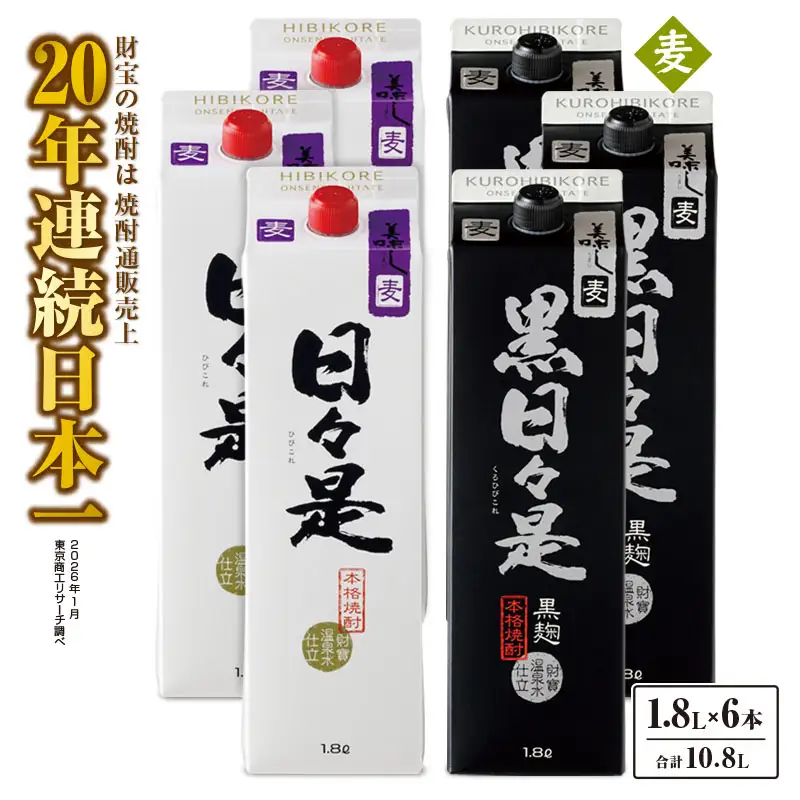 麦焼酎 紙パック 6本『日々是（麦）』『黒日々是（麦）』温泉水仕立ての焼酎 KN021-010-03 酒 アルコール