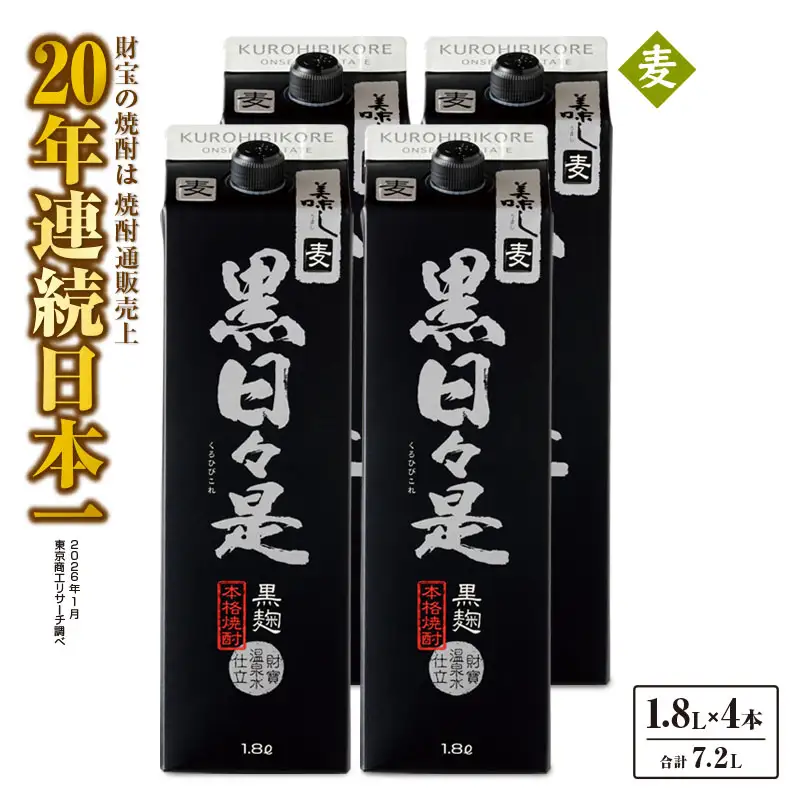 麦焼酎 紙パック 4本『黒日々是（麦）』温泉水仕立ての焼酎 KN021-009-02 酒 アルコール