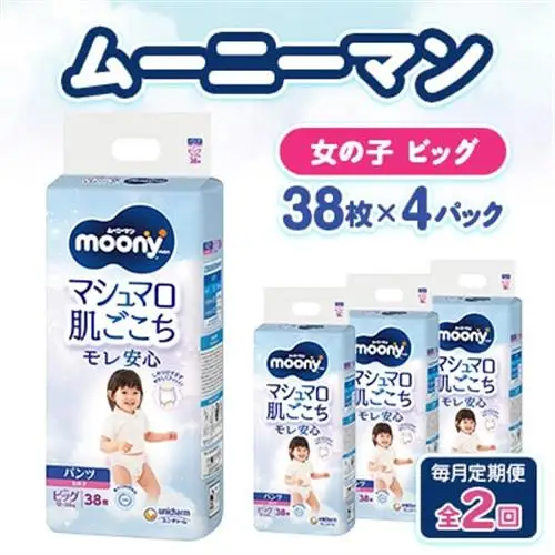 【毎月定期便】ムーニーマン マシュマロ肌ごこちモレ安心 女の子 ビッグ 38枚×4パック全2回【配送不可地域：離島・沖縄県】【4075527】