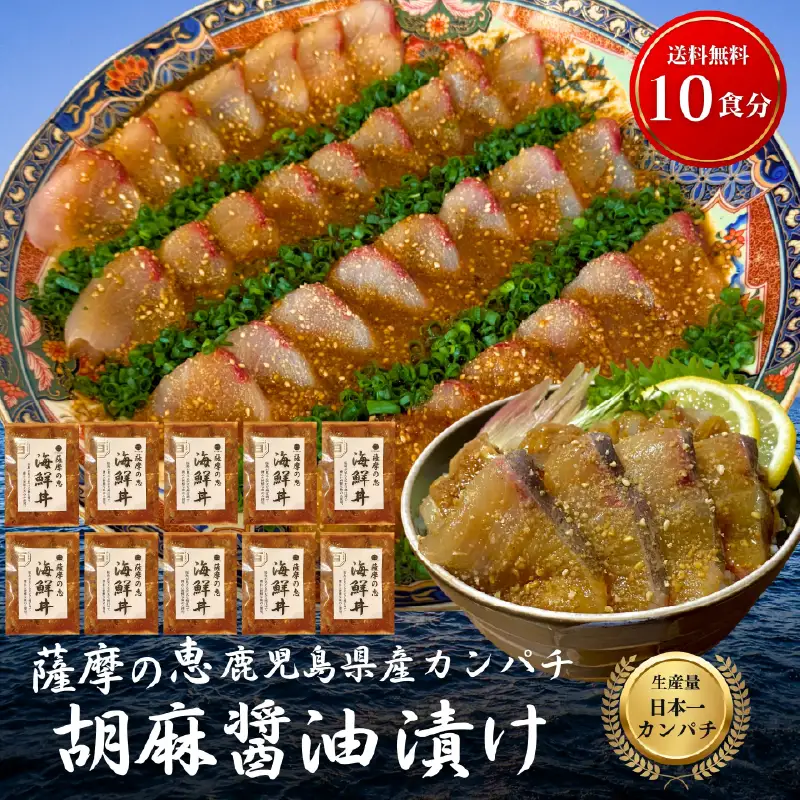 鹿屋市産 かんぱち 胡麻醤油漬け 海鮮 丼 セット 10食分 KN097-005-04 カンパチ 魚 冷凍