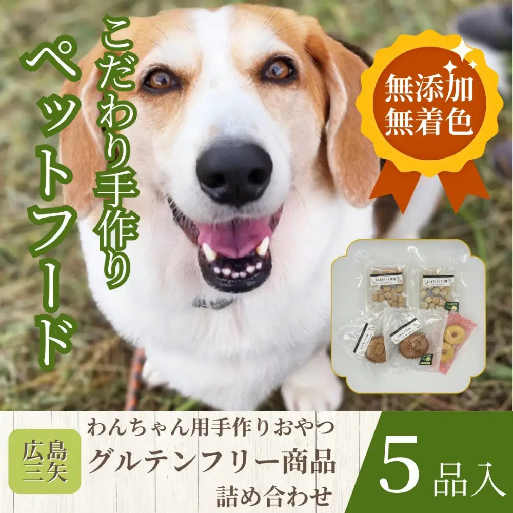 ペットフード　グルテンフリー　わんちゃんのおやつ　無添加　無着色　手作り　こだわり　厳選5品セット　パティシエシリーズ　広島市　三矢　クッキー　マドレーヌ　ごほうび　ドックフード　ペット用　犬