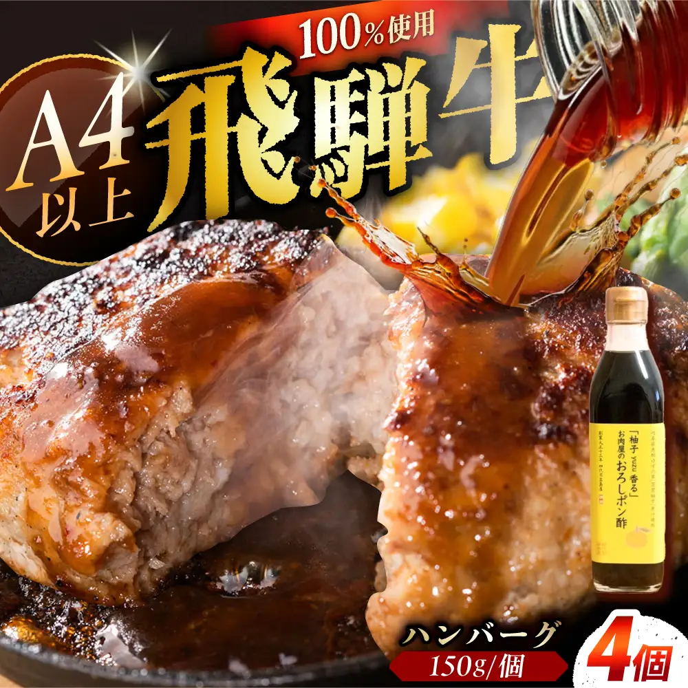 ハンバーグ 飛騨牛100% 4個 A5,A4ランク 特製笠置ゆず使用おろしポン酢付  / 恵那市 / 岩島屋 [AUAJ055]