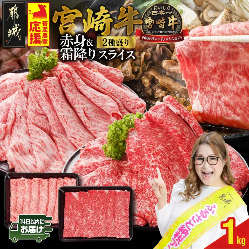 畜産農家応援! 宮崎牛スライス2種1kgセット(霜降り400g 赤身600g)≪みやこんじょ快速便≫〔18-N2-001-1kg-S4A6-R〕