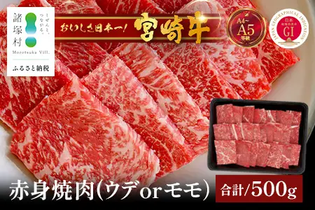 宮崎牛 赤身 焼肉用 約500g×1P［ウデまたはモモをお届け］焼肉 冷凍｜国産 牛肉 4等級以上 黒毛和牛 肉 お肉 ブランド牛 高級 株式会社ミヤチク 宮崎県 諸塚村 MY-08