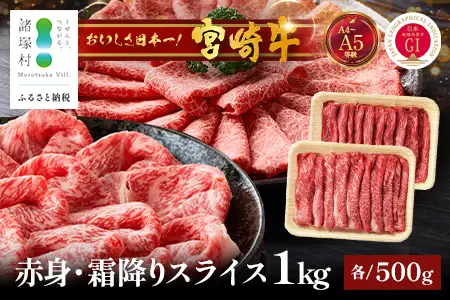 宮崎牛 赤身・霜降り スライス セット計1kg（約500g×2P）［ウデまたはモモをお届け］冷凍｜国産 牛肉 4等級以上 黒毛和牛 肉 お肉 ブランド牛 高級 株式会社ミヤチク 宮崎県 諸塚村 MY-09