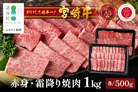宮崎牛 赤身・霜降り 焼肉セット約500g×2P 計1kg［ウデまたはモモをお届け］焼肉 冷凍｜国産 牛肉 4等級以上 黒毛和牛 肉 お肉 ブランド牛 高級 株式会社ミヤチク 宮崎県 諸塚村 MY-10
