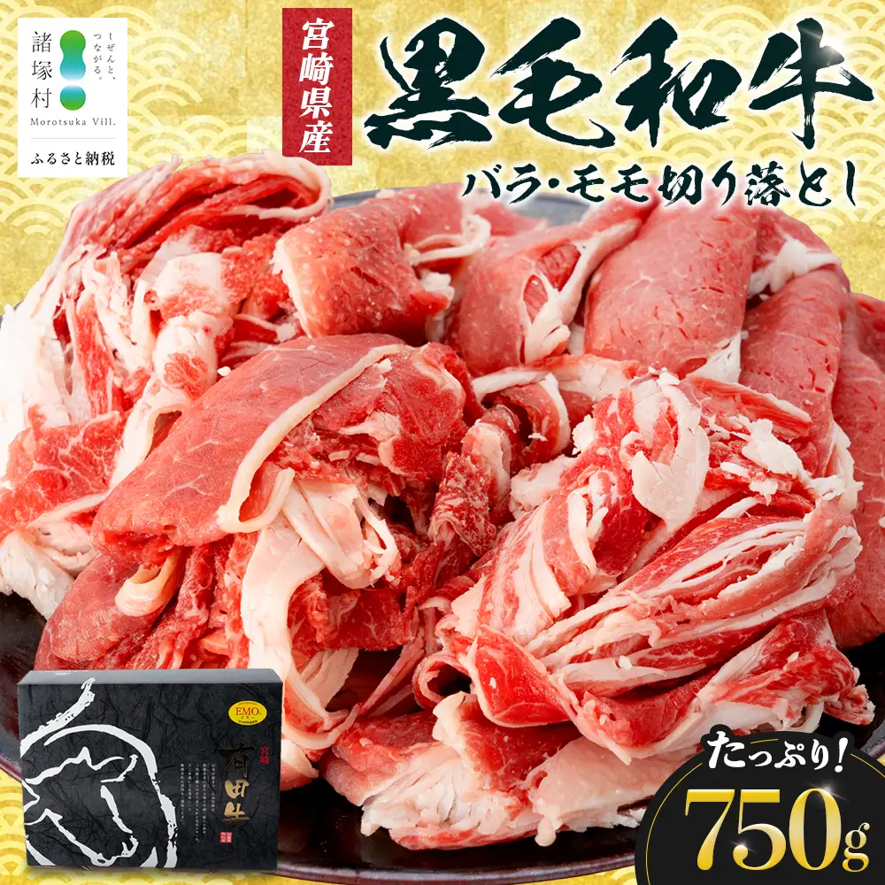 宮崎県産 黒毛和牛 バラ・モモ切り落とし 約750g×1P 冷凍｜国産牛 牛肉 お肉 切り落とし スライス バラ モモ パック 化粧箱入り 有田牧畜産業 宮崎県 諸塚村 AR-01