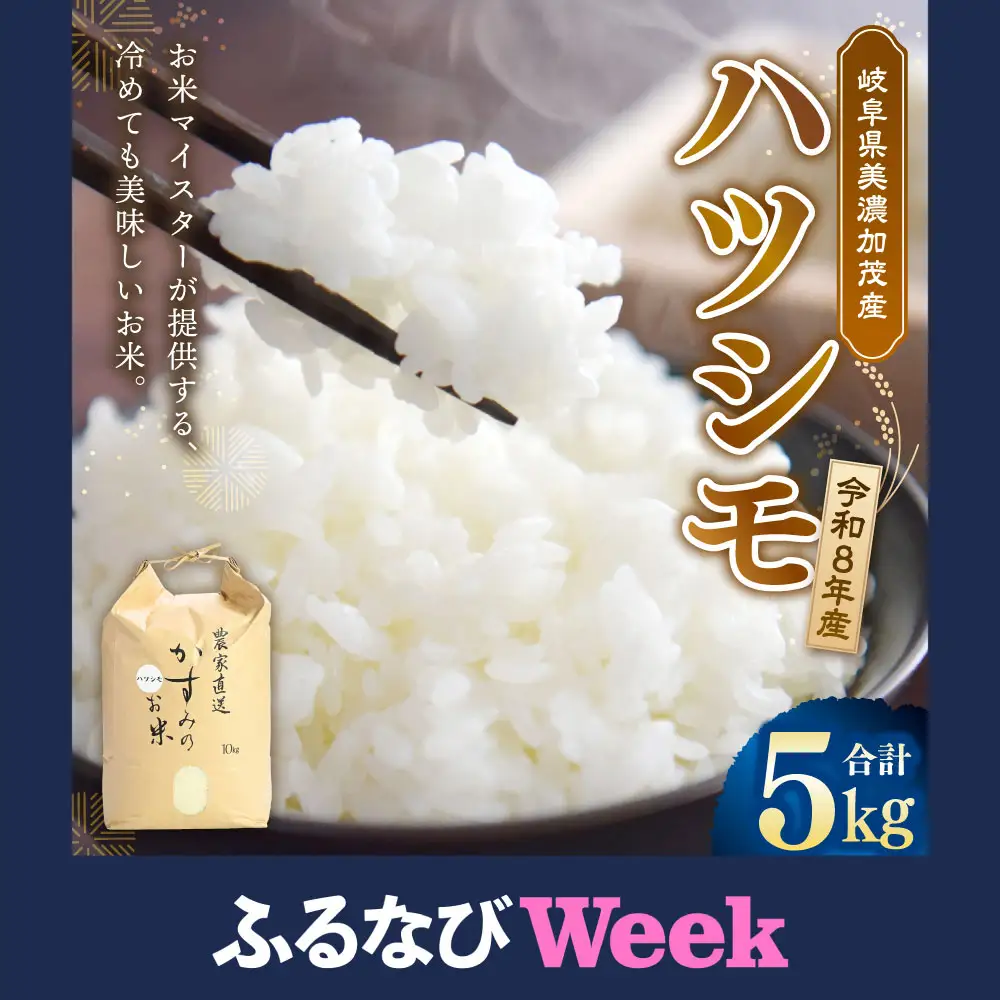 【ふるなびWEEK対象】【先行予約】令和8年産 お米マイスターが提供 冷めても美味しい 美濃加茂産 ハツシモ （ 5kg × 1袋 ） 春見ライス 白米 精白米 【 2026年11月下旬-2027年7月下旬まで発送予定 】 
