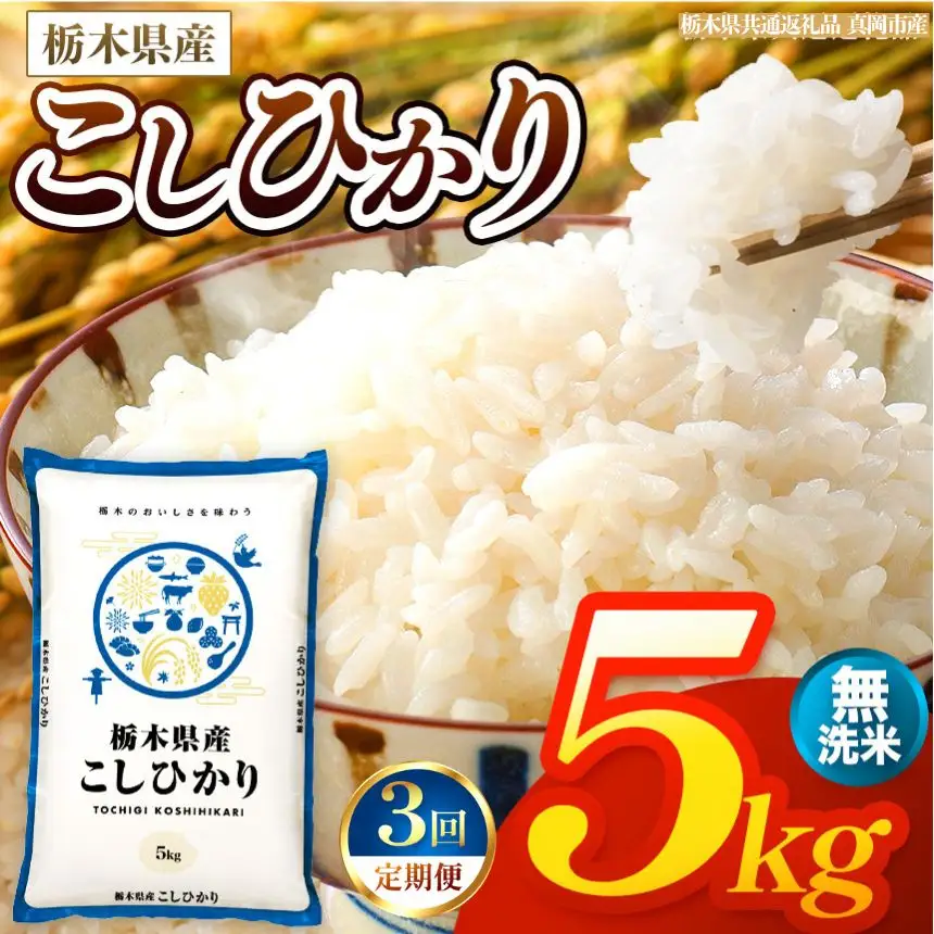 【令和8年産 新米】 【定期便3回】栃木県産 お米 こしひかり　（無洗米） 5kg 【2026年秋以降発送】 |  栃木県 矢板市 【栃木県共通返礼品 真岡市産】