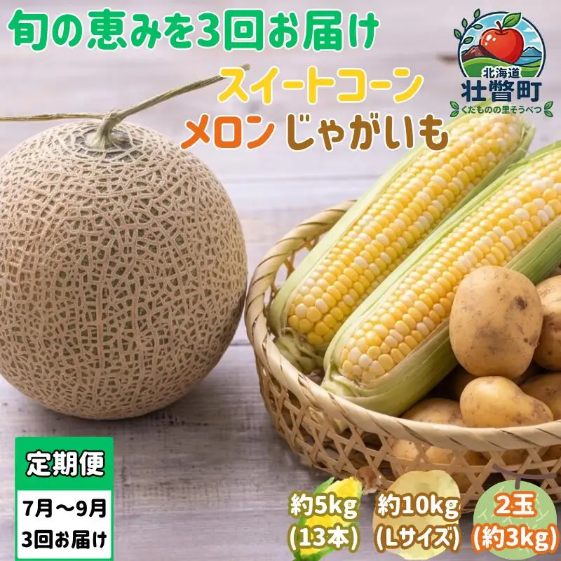 【2027年発送】【3回定期便】赤肉メロン2玉＋スイートコーン約5kg(13本)＋じゃがいも(とうや)約10kg 旬のフルーツ・野菜定期便＜7月下旬・8月上旬・9月下旬お届け＞ SBTN014